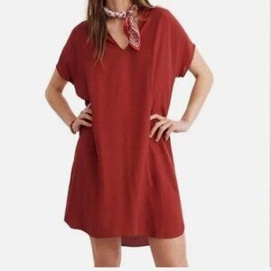 Madewell Crimson Red Bicoastal Split Neck Short Sleeve Crepe Mini Shift Dress
